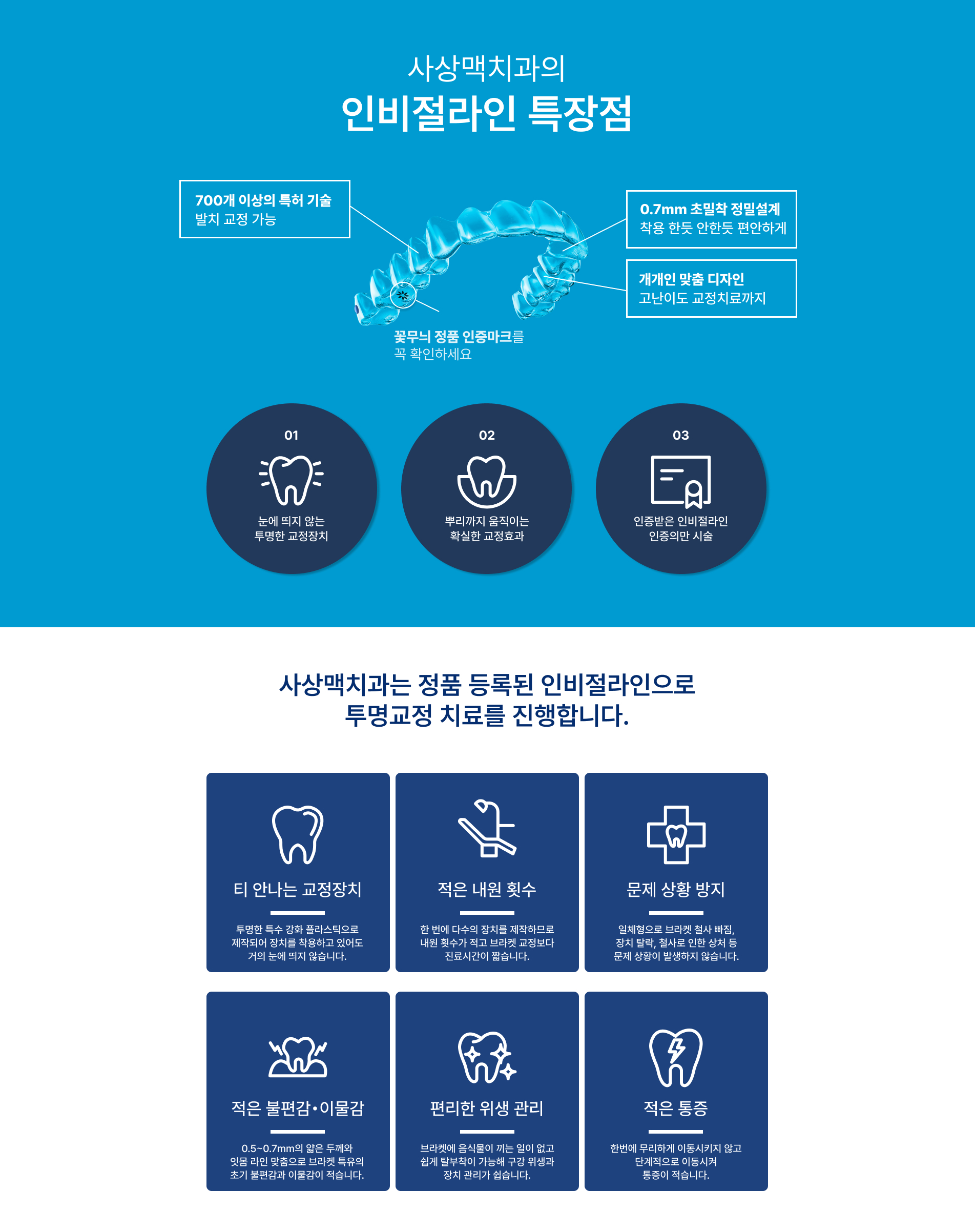 투명교정 인비절라인 진료 안내 이미지 2: 인비절라인의 장점. 눈에 잘 띄지 않음: 투명한 재질로 착용 사실이 잘 드러나지 않습니다. 탈착 가능: 식사와 양치 시 빼낼 수 있어 음식 제한과 관리 부담이 적습니다. 부드러운 착용감: 매끄러운 재질로 브라켓·와이어에…